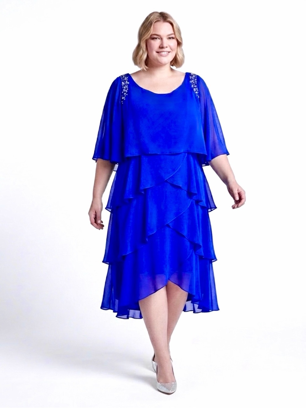 "SLNY" ROYAL BLUE FLOWY CHIFFON DRESS PLUS SIZE 24W WITH BEADED EMBELLISHMENT